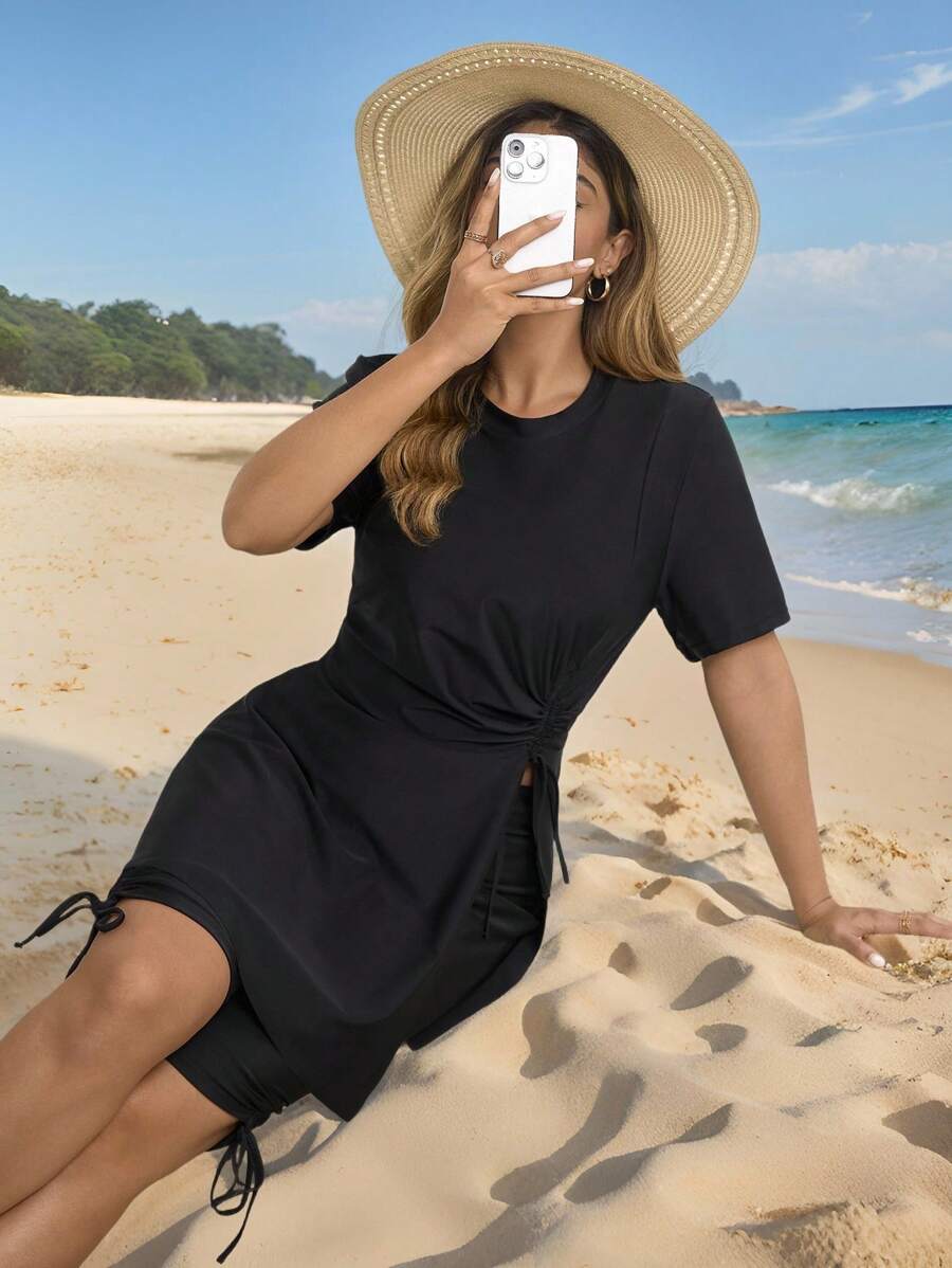 Swim Mulvari Plus Size Black Short Sleeve Crop Top And Mid-Thigh Shorts Conservative Modest Burkini For Summer Beach Vacation - Black - View 1