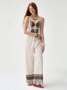 Florisole Khaki Printed Fashionable Vacation Drawstring Jumpsuit For Women - Apricot - View 7