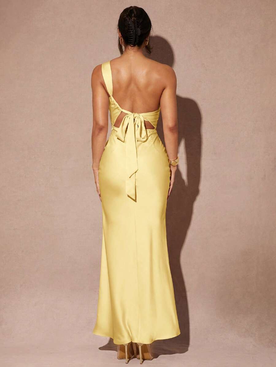 Silquee 优雅女士不对称露背开衩长裙，适合日常穿着、约会、夜总会、派对、秋季 - 黃色 - 查看 1