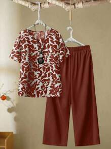 EMERY ROSE 2 chiếc/Bộ áo thun tay cánh dơi cổ tròn màu trơn mùa hè cỡ lớn cho nữ và quần ống rộng trang phục thường ngày - Nhiều màu - Xem 1