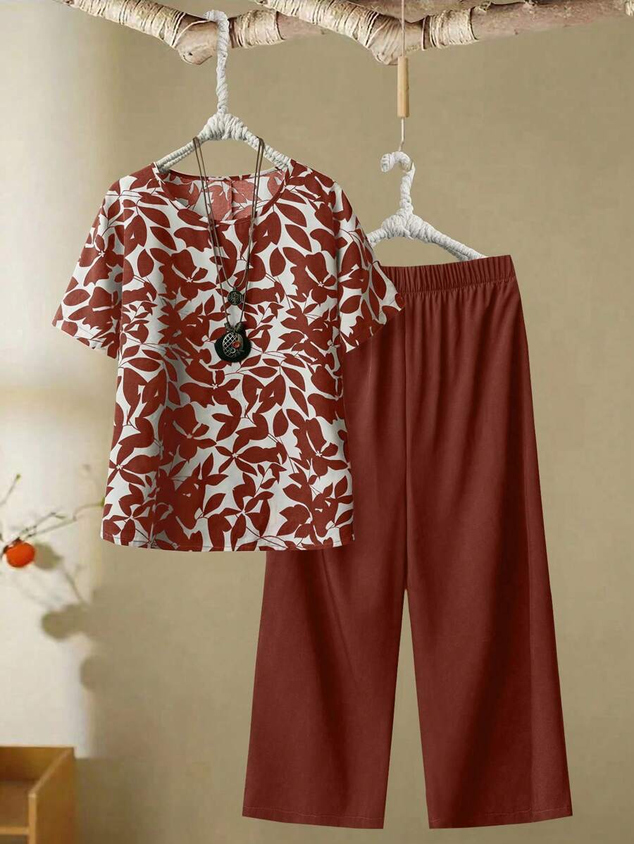 EMERY ROSE 2 chiếc/Bộ áo thun tay cánh dơi cổ tròn màu trơn mùa hè cỡ lớn cho nữ và quần ống rộng trang phục thường ngày - Nhiều màu - Xem 1