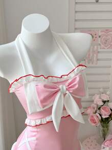 SHEIN 3 sztuki/zestaw damski śliczny różowy i mleczny patchworkowy kombinezon z kokardą, bezprzewodowe body + 2 bransoletki - Różowy - Zobacz 7