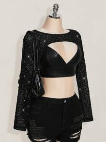 SHEIN ICON Plus Size Extra Cropped Long Sleeve Top With Rhinestone Embellished Mesh Overlay, Y2K Style,Club Outfits Women Sexy,Going Out Tops Women