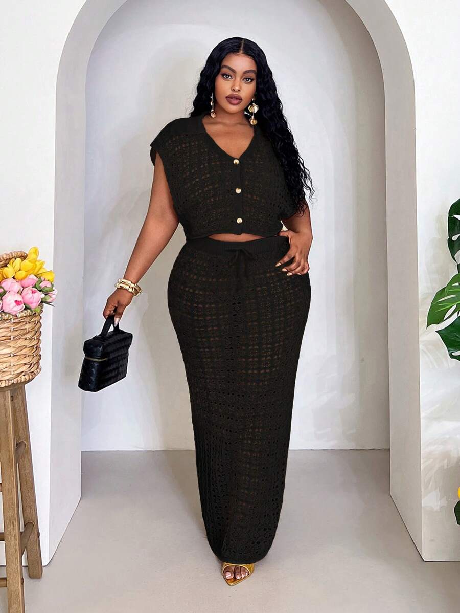 Slaydiva Plus Size Summer Casual Solid Color Hollow Out Knitted Vest And Skirt Set Plus Size Skirt Set Plus Size 2 Pieces Set 2 Pieces Sets Curvy Curve Skirt Set Plus Size Crochet Skirt Set,Teacher Outfits For Women In Fall/Winter
