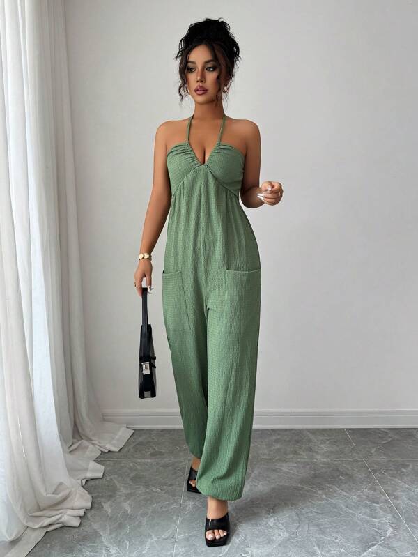 Elenzga Women's Summer Halter Neck Backless Pocket Jumpsuit