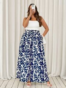 SHEIN Tall CURVE Pantalones anchos con estampado de plantas y bolsillos para mujer de talla grande, ideales para vacaciones