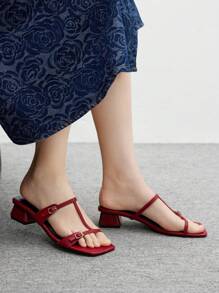 CUCCOO BIZCHIC 女士简约交叉扣装饰黑色方头平底凉鞋，舒适 - 酒紅色 - 查看 5