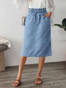 EMERY ROSE 女士休闲水洗抽绳腰牛仔迷你裙 - 藍色 - 查看 3