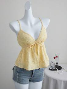 Elamini 黄色编织提花面料露背娃娃背心上衣，高腰海滩优雅可爱性感休闲派对日常装，适合女士夏季 - 黃色 - 查看 3