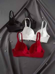 SHEIN 3件套蕾丝贝壳图案性感文胸套装 - 彩色 - 查看 2