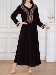 SHEIN Najma Women's Black V-Neck Long Sleeve Flare Hem Elegant & Comfortable Printed Abaya Dress, Vintage Artistic Collar & Cuff Floral Pattern, Polyester Fabric, Suitable For Home, Outdoor, Festivals, Parties & Events, Midi Dress, Summer Dress, Dress For Women