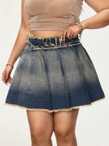 SHEIN ICON Plus Size Retro Vintage Pleated Denim Mini Skirt - Medium Wash - View 4