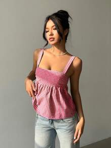 Aloruh Women Plaid Backless Ruffle Hem Camisole Top