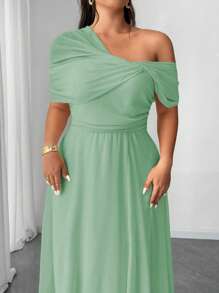 Elenzga Plus Size Women Elegant Wedding/Party Chiffon One-Shoulder High Slit Maxi Dress