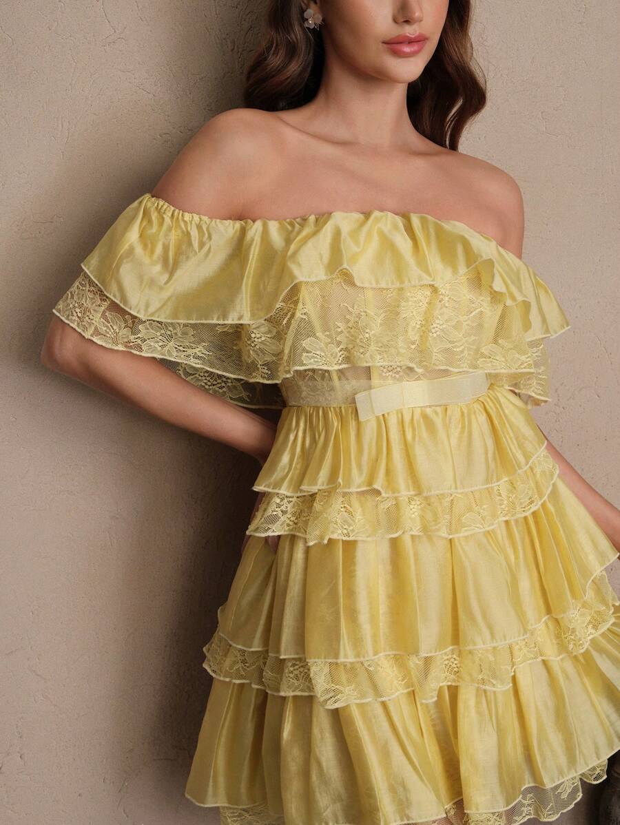 SHEIN Unity Đầm ngắn hở vai cổ xếp nếp ren chắp vá nhún bèo eo đuôi cá thời trang xuân/hè cho nữ - Màu vàng - Xem 1