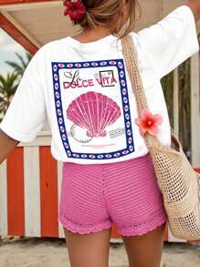 DrmWander Camiseta de manga corta con estampado de concha, casual de vacaciones