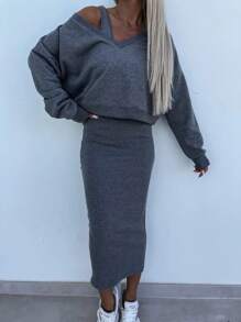 INAWLY 2pcs/Set Casual Solid Color Sweatshirt And Dress Set - Grey - View 1