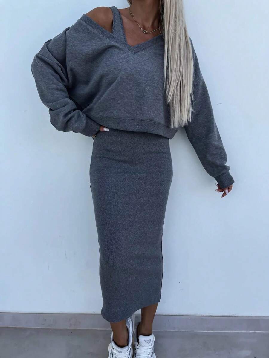 INAWLY 2pcs/Set Casual Solid Color Sweatshirt And Dress Set - Grey - View 1