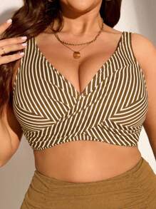 Swim Lushoire 1pc Women Plus Size Striped Print Casual Fashionable Swimwear Top For Summer Beach Vacation
