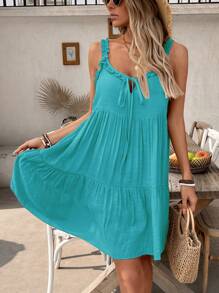 Swim Vcay Đầm che thân trước không tay màu trơn dành cho nữ mùa hè đi biển - Màu xanh Cadet - Xem 3