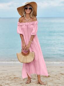 Swim Vcay Women's Ruffled Off Shoulder Midi Beach Dress, Sexy Beachwear, Lantern Sleeve Wedding Guest Slit Flowy Dress For Summer Beach Vacation