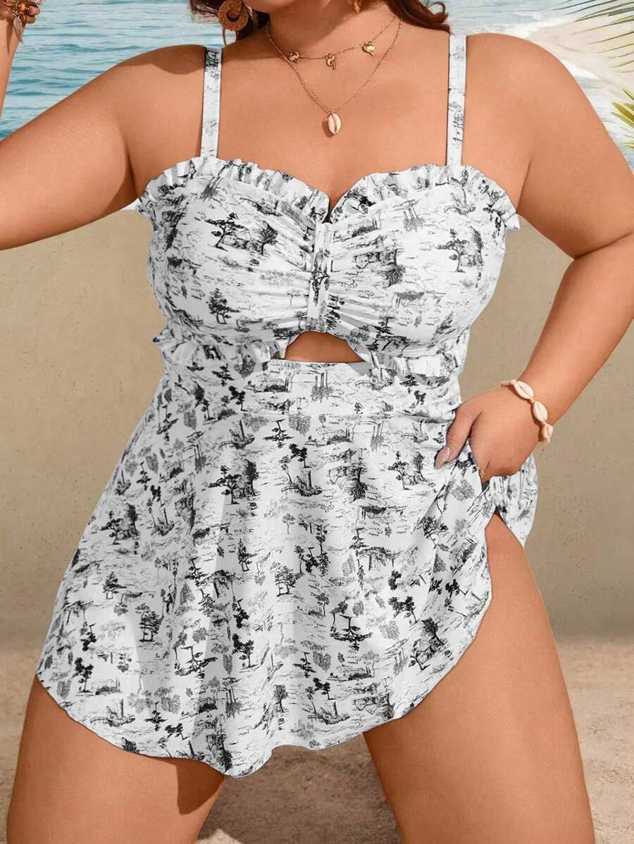 Swim Lushoire 加大码女式两件套碎花荷叶边镂空分体泳衣套装，修身休闲，适合度假和日常穿着