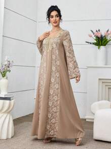 Al Najma 女士优雅提花拼接长款开衫，土耳其和阿拉伯传统风格 - 卡其色 - 查看 3