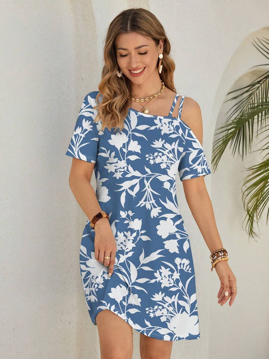 Shutterstock Glamance Elegantes minikleid mit blau-weißem Blumenmuster für den Sommerurlaub, Bürooutfit Damen, Ausgehoutfit, Business Lässig Damenoutfit für das Büro, Strandoutfit für Frauen - Blau-Weiß - Übersicht 1