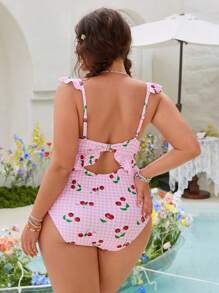 Swim Mod Plus Size Random Hollow Print Spaghetti Strap One-Piece Swimsuit For Summer Beach Vacation - Red and White - View 2