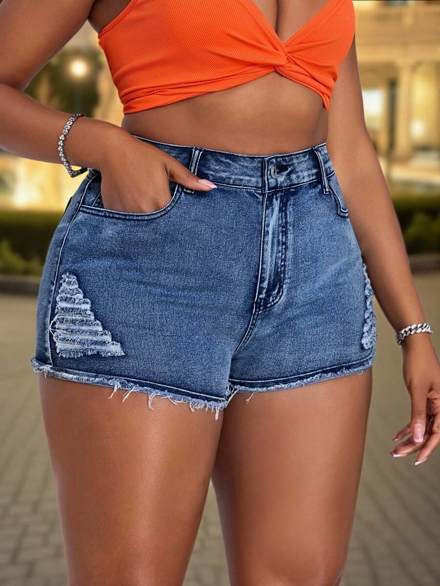 Celana Pendek Denim Skinny Wanita Ukuran Plus dengan Karet Elastis dan Ujung Berjumbai, Cocok untuk Liburan Festival Musim Panas - Medium Wash - View 1