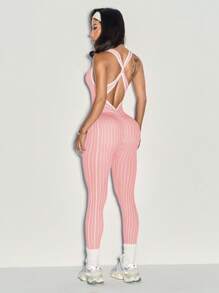 Easithlete 1pc Striped Criss-Cross Twist Deep V Seamless Yoga/Running/Workout Jumpsuit, 7/8 Length - Pink - View 3