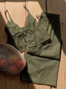 Comfortcana 2件套女式夏季军绿色亚麻吊带背心和裤子套装 - 軍綠色 - 查看 7