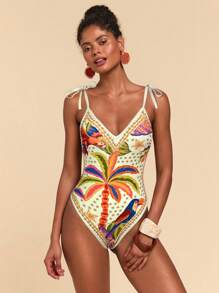 Travachic 1 pieza Traje de baño de una sola pieza sin mangas con estampado de palmera, estilo vacacional para mujer