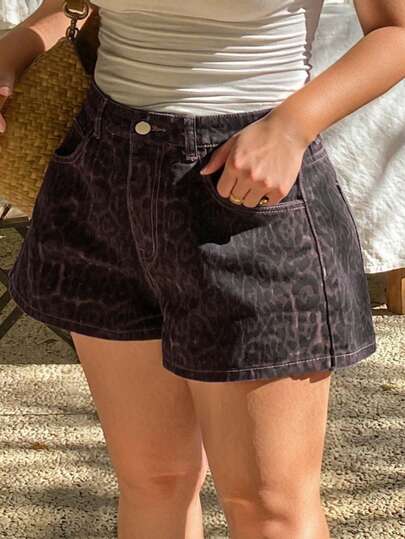 Dazy Plus Leopard Print Wide Leg Street Style Short Denim Shorts