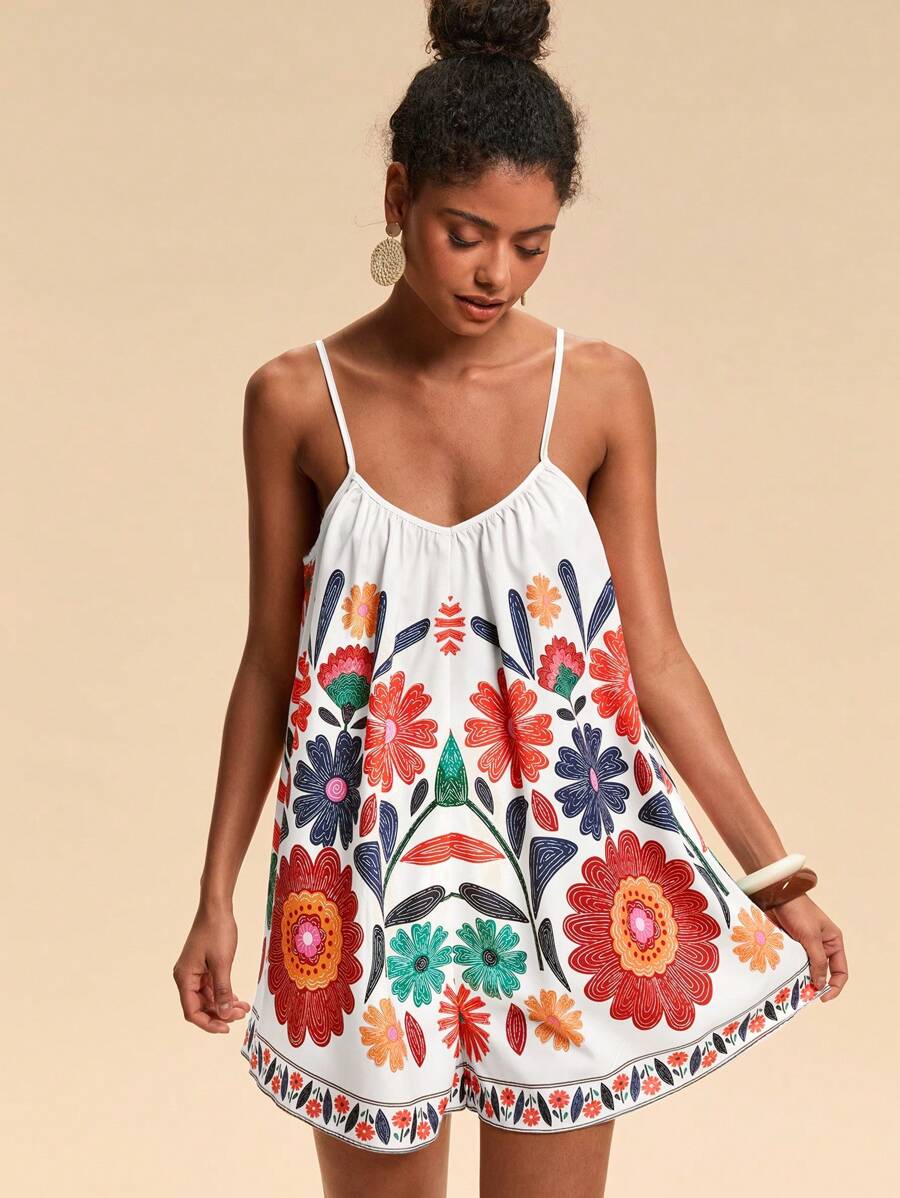 Travachic Woven Floral Print Loose Women's Romper, Printed Woven Long Dress For Women, Simple And Fashion Style, Suitable For Summer, Vacation Style, Woven Graphic Printed, Casual Summer Vacation Outfits Woman, Bohemia Beach Vacation Outfits, Boho Chic, Country Concert Outfit, Holiday Festival Outfits, Beach Outfits For Woman, Summer Outfits For Women, Graduation Outfit, Old Money Style Women, Summer Outfit, Mother's Day, Graduation Outfit, Mother And Daughter Dress - White - View 1