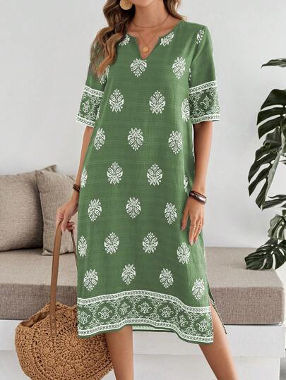EMERY ROSE Women's Vacation Casual Full Print Mid-Length Dress Green Summer Dress Women Short Sleeve Summer Dress Women Vacation Dress
