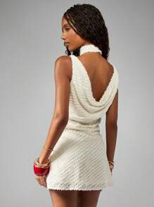 MISSGUIDED Textured Faux Fur Mini Dress Holiday Party Winter Clubwear Choker Neck Statement Halter Sleeveless Bodycon Evening Wedding Guest Occasion Dress - Apricot - View 2