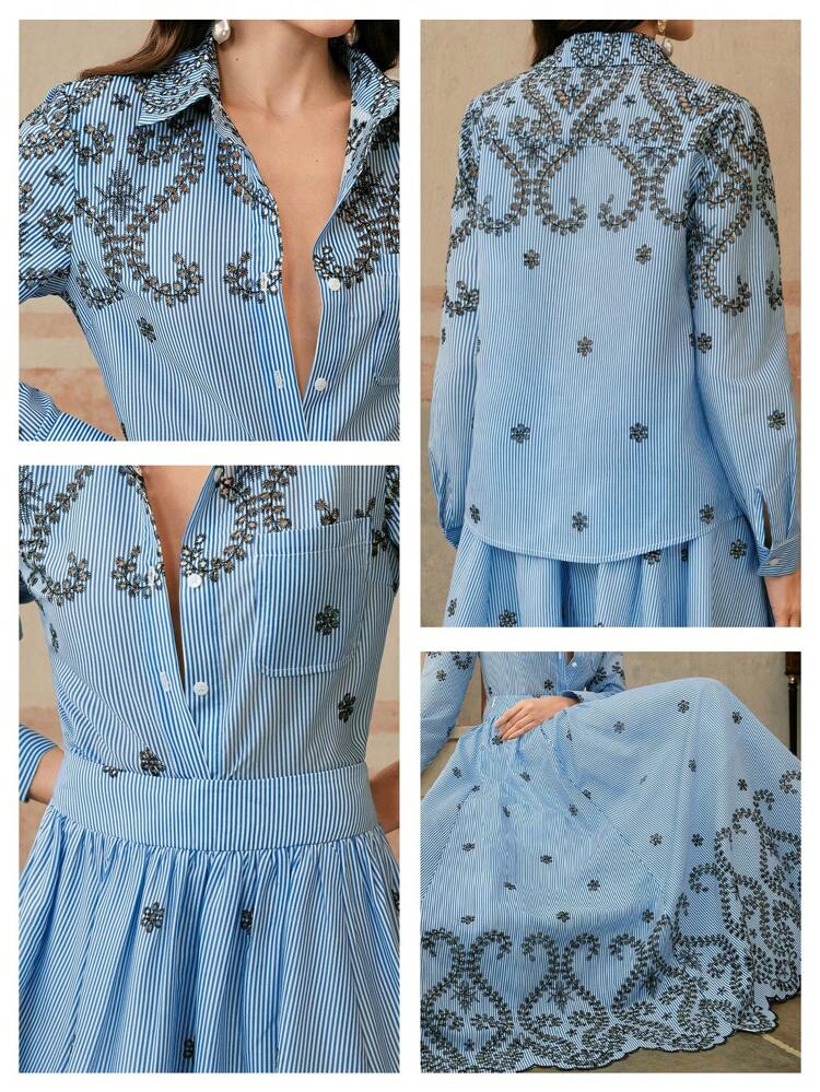 New Elegant Modern Embroidered Hollow-Out Women Blouse Top