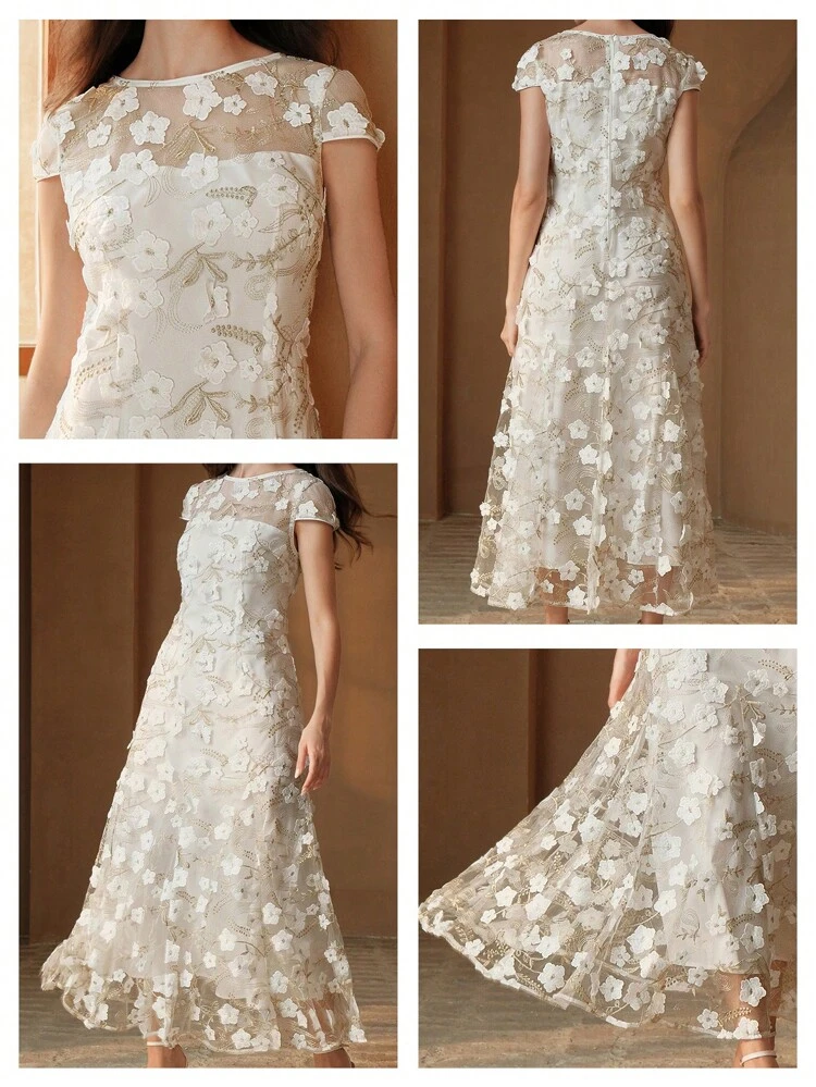 Elegant Romantic 3D Floral Transparent Waist Fit-And-Flare Long Dress For Dates
