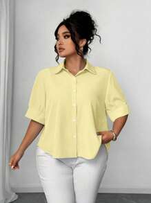 Elenzga Plus Size Women's Elegant Solid Color Puff Sleeve Short Sleeve Shirt, Button-Down Front, A-Line Hem, Spring/Summer - Yellow - View 7