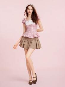 CUCCOO DOLLMOD 圆头软底绒面革绑带拼色金属铆钉装饰芭蕾蝴蝶结平底休闲一脚蹬乐福鞋女士情人节款 - 摩卡棕 - 查看 2