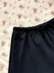 SHEIN Teen Girls Summer Casual & Comfortable Drawstring Cropped Hoodie, Cute Grey