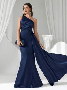 Coutiva 女士优雅纯色不对称领口紧身晚礼服 - 藏蓝色 - 查看 3