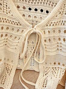 Franclia Áo len cardigan ren nhẹ đan móc rỗng màu trơn mới cho nữ, áo choàng đa năng - Màu be - Xem 8