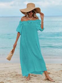 Swim Vcay Women's Summer Beach Ruffled Shoulder Midi Dress, Sexy Beach Dress, Lantern Sleeve Loose Wedding Guest Split Dress - Cadet Blue - View 3