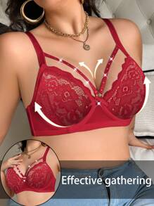 1pc Plus Size Women Lace Push Up Underwire Bra - Red - View 3