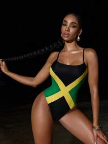Swim SXY 女士牙买加国旗图案性感露背连体泳衣，修身款，春夏款 - 黑色 - 查看 3