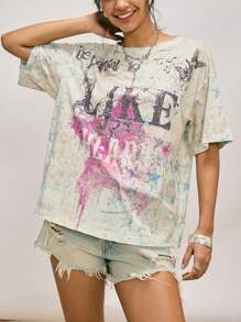 Easelle T-shirt casual da donna con stampa a caratteri, spalle scoperte e design elastico, per l'estate