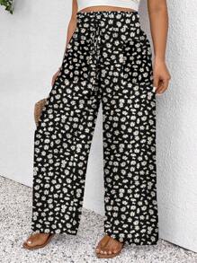 SHEIN Frenchy Plus Size Floral Print Casual Loose Pants, Suitable For Summer - Black - View 2
