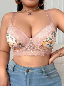 SHEIN 1pc Plus Size Lace Insert Printed Underwire Bra - Apricot - View 4
